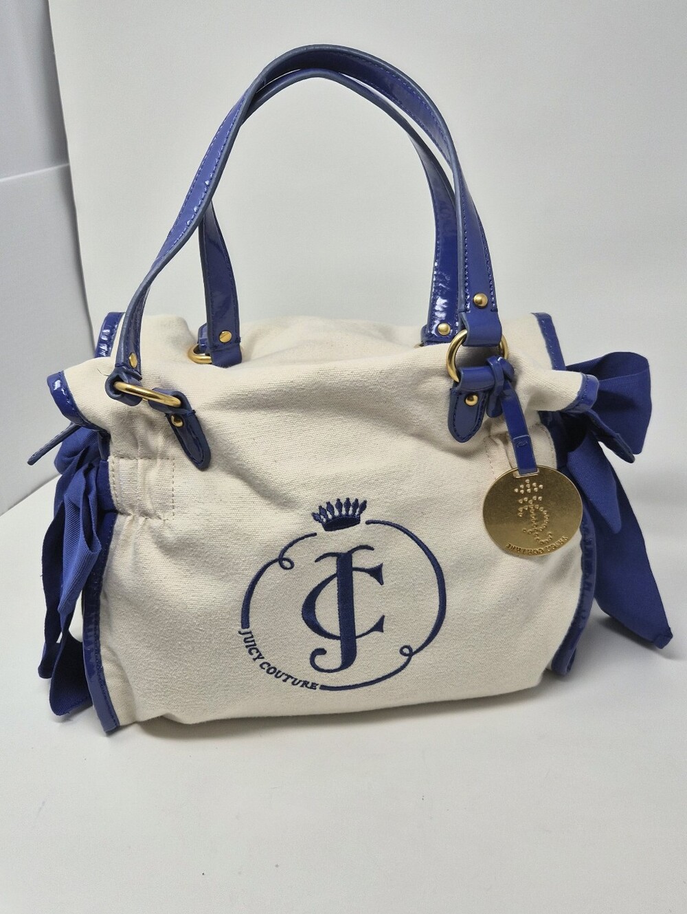 Vintage Juicy Couture Purse White Cotton, Blue Patent Leather, Bows7